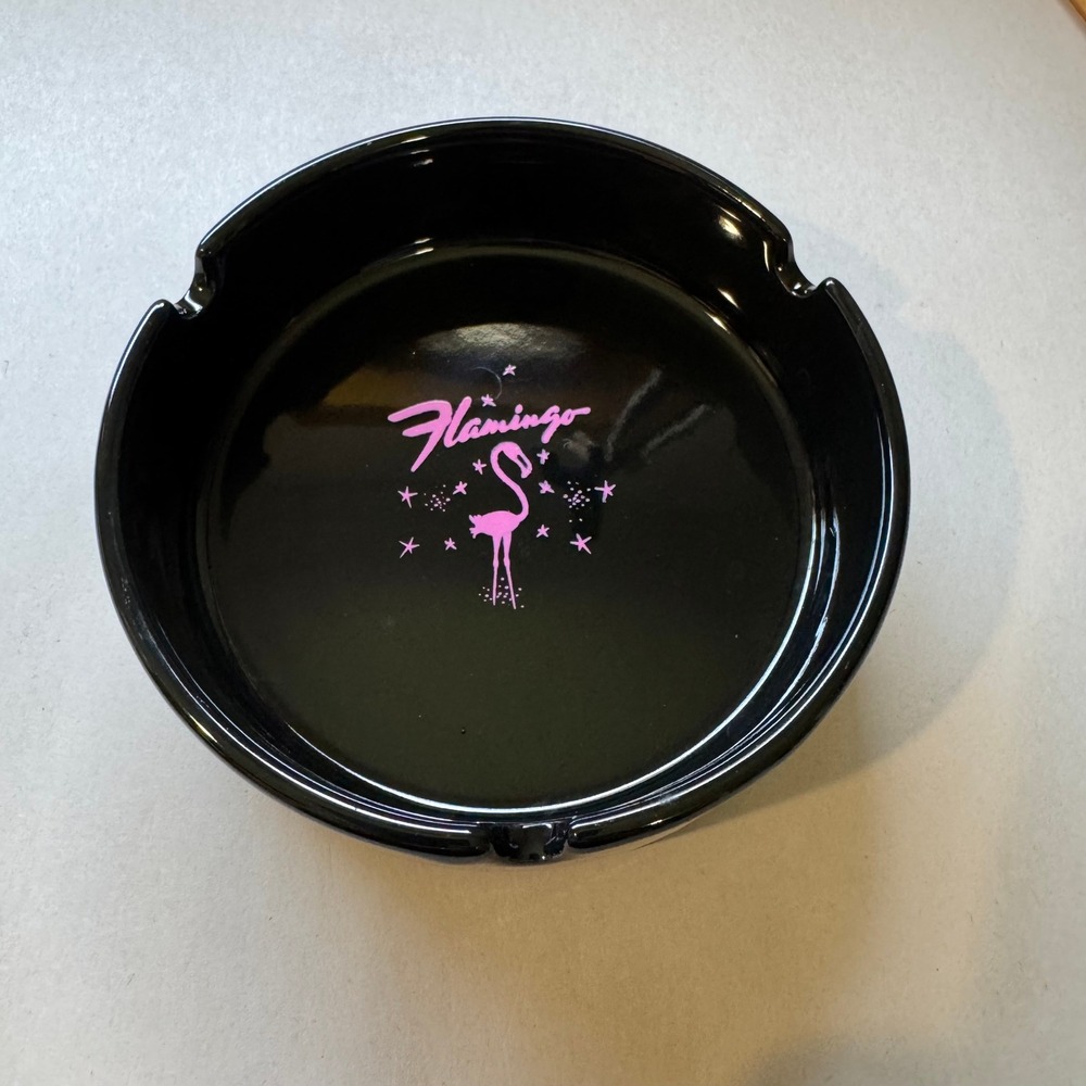 Vintage Flamingo Las Vegas Hotel Casino Black Ceramic Ashtray Pink Logo